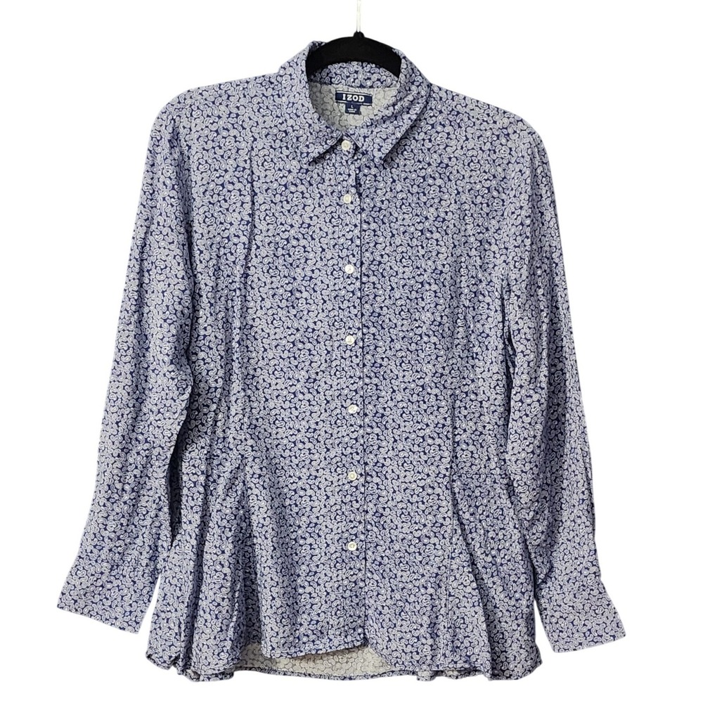 IZOD Women's Blue Paisley Rayon Long Sleeve Peplum Shirt, Large